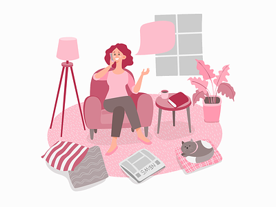 stayathome woman chat mobile armchair book cat chat friend illustration illustrator lamp lifestyle livingroom mobile pink plant relaxing stay at home web design