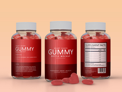 Transparent heart shape gummy bottle label full mockup