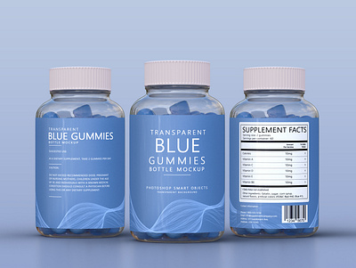 Transparent blue gummies supplement bottle full label mockup branding mockup glass bottle psd mockup label design packaging product design