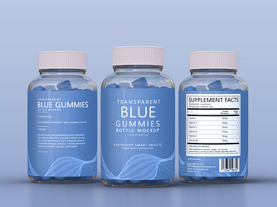 Transparent blue gummies supplement bottle full label mockup