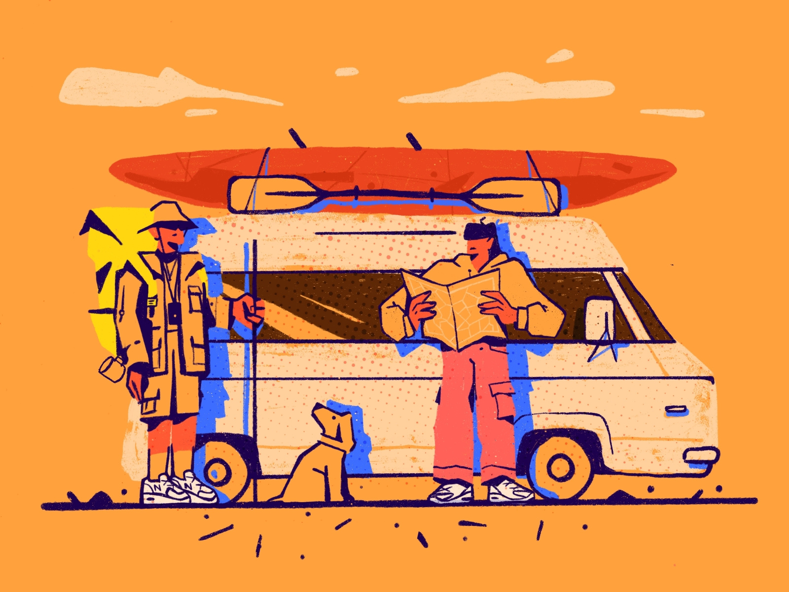 Let's go kayaking! bright colors canoe character dog fun illustration kayak kayaking minivan red sunset team teambuilding tour trip vacation zajno