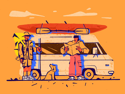 Let's go kayaking! bright colors canoe character dog fun illustration kayak kayaking minivan red sunset team teambuilding tour trip vacation zajno