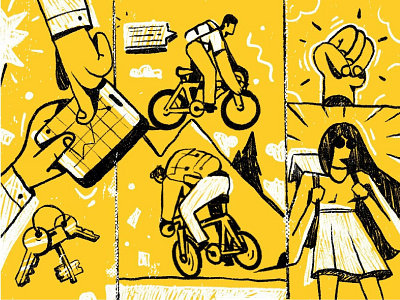 not boring bag bicycles character girl hand illustration keys mountains phone travel yellow