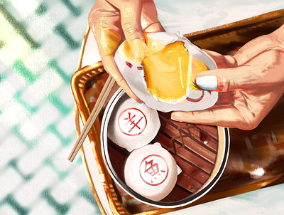 London Eats | Bunhouse Custard buns bao bun bunhouse buns chinese custard custard buns duck egg egg food foodillustration hands illustration lighting patterns salted egg shadows sunlight taiwanese tiles