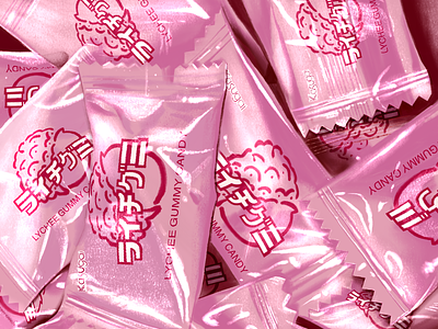 Kasugai Lychee Gummies candy food gloss gummies illustration japanese japanese packaging lighting lychee packaging pearlescent pink plastic procreate purple shadows shine snacks sweets wrapper