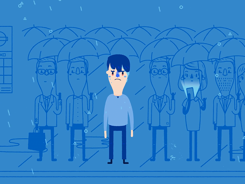 Bus Stop animation background blue character playstation rain streets top view walking