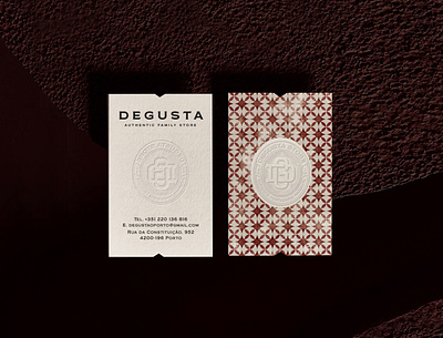 Degusta Store brand branding business card design logo monogram mosaic pattern real red store
