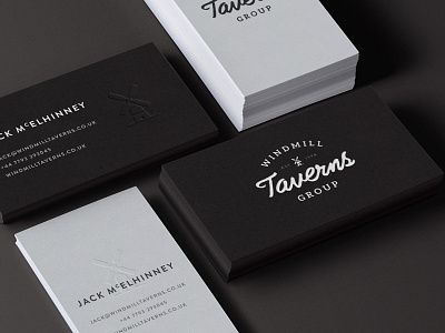 Windmill Taverns Branding & Business Cards brand branding business cards clean dark identity logo monochrome retro script typography vintage