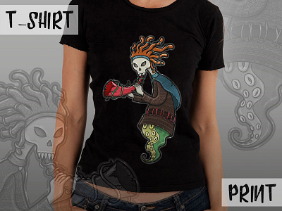 T-shirt print design. Horror style Kokopelli, vector