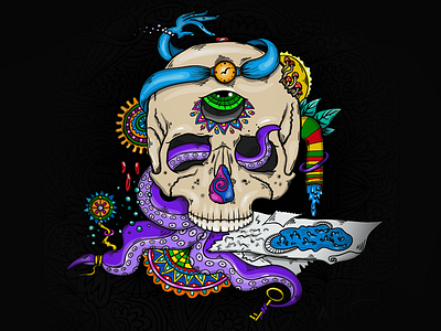 Psychedelic Art - "Zen Skull" art concept lsd mandala octopus print psychedelic scene skull tattoo time vector
