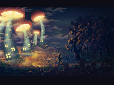 Forest mushroom village. Concept art for a game location.