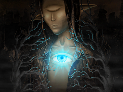 Elf-cyclop with an eye glowing in the night. Art work artwork behance close cyclops darkness elf eye fairy fantasy free download glow horror light night shining turquoise vision