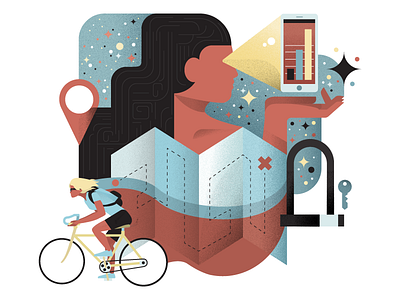 Ride Tonight 510 bike character design illustration key map oakland phone ride sf bay area texture