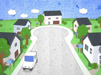 Paper Cut Neighborhood houses illlustration mailman neighborhood paper art paper cut street town trees