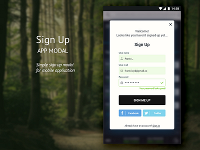 Just finished my first design for #dailyui #001 001 activities app dailyui design forest leisure mobile modal nature signup ui ux