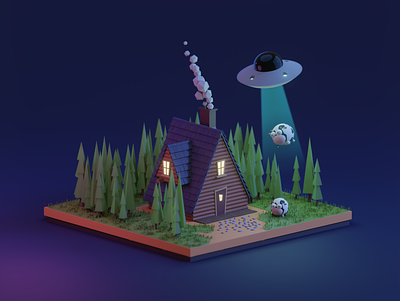 Cow in the forest 3d 3dart 3dillustration art cow day daytime forest home house hut illustration night nighttime spruce tree ufo