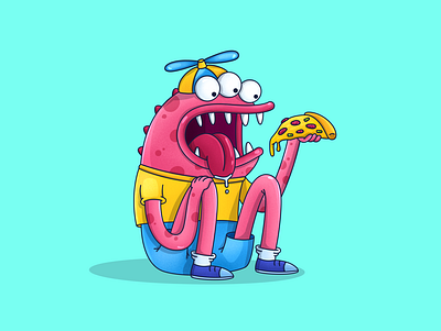 Monster eating pizza art character children eat eyes graphic illustration monster noise pink pizza procreate