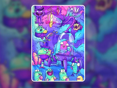 Misunderstanding #2 animal art blue cartoon character crazy frog funny graphic illustration nft nftart pigeon plants procreate purple trees