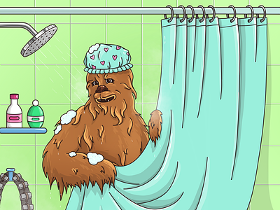 Chewie in the shower art character chewbacca chewie fan art graphic illustration procreate shower shower room star wars water wool