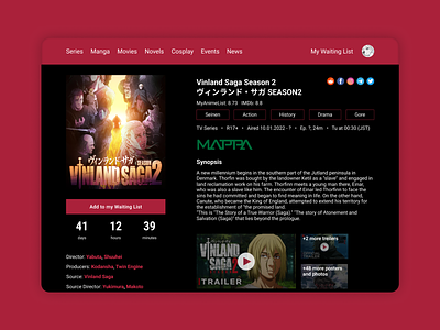 Anime Upcoming Release Page anime anime web site dark theme design figma info screen japanesse animation lay out manga new release product design series ui ux vinland saga web site