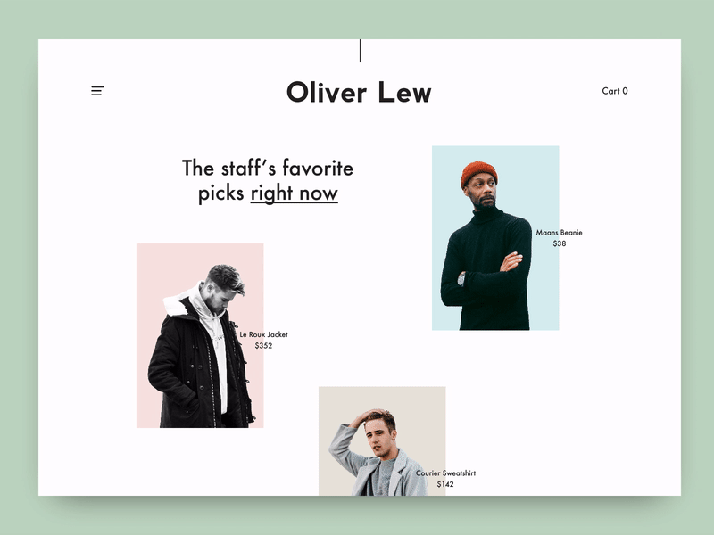 Oliver Lew - Product Page animation design fashion invision invision studio minimalism ui user experience user interaction ux web development website design