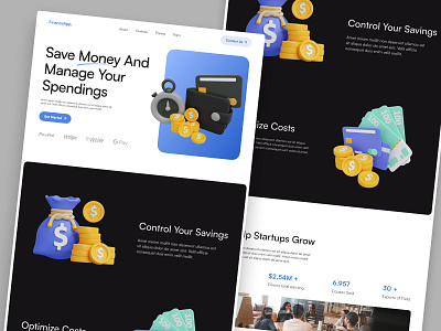 FinanceApp landing Page black and blue blue clean design finance app illustration landing page minimal modern saas landing page ui uiux ux