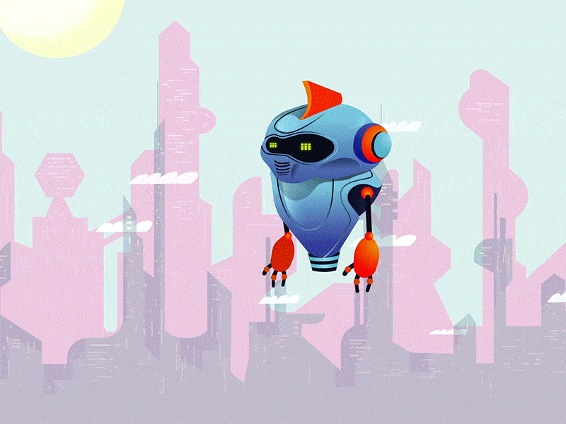 Robot Flying in Futuristic City after effects animation fun futuristic illustration robot sci fi