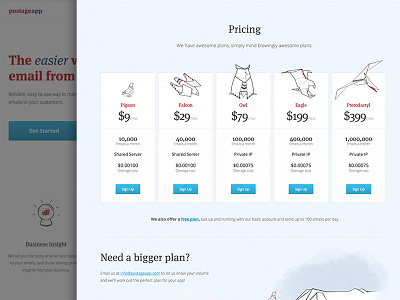 PostageApp Site Redesign bird blue email geometric illustration origami paper pricing red tables transactional web