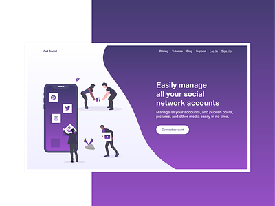Landing Page for Social Networks Managing Tool branding design gradient illustration landing page modern networks purple shadow ui web