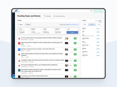 Trending Stories & Topics • Fintech Startup dashboad dashboard design data data visualization filters finance finance business financial dashboard fintech interface news newsfeed product design