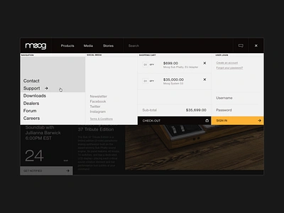 Moog Menu black dropdown hello monday instruments menu moog synthesizer typography ui uiux ux web webdesign