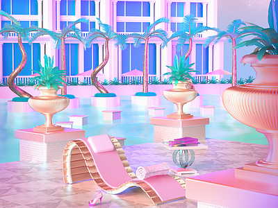 🔑 3d abstract architecture cinema 4d futuristic hotel iridescent pastel pink retrofuture