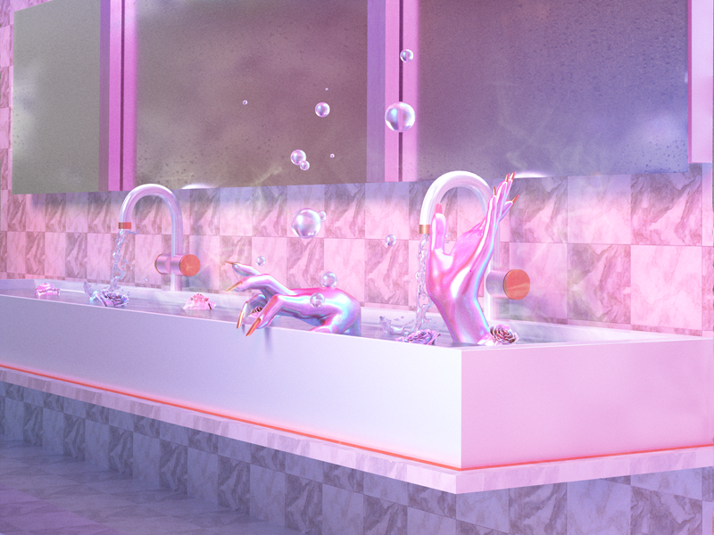 Cleanse hands bubbles interior interior design surreal pastel prints iridescent cinema 4d 3d