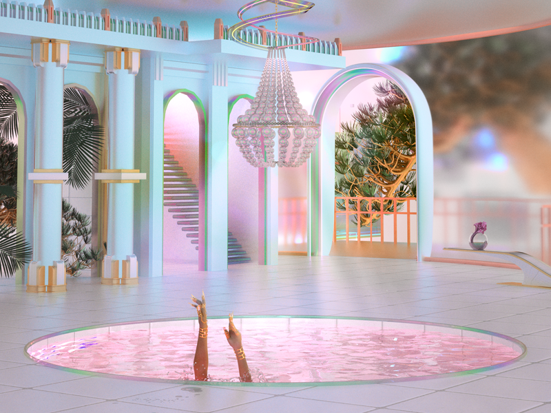 Nu Gaudy ornate gaudy architecture interior concept surreal pastel iridescent cinema 4d 3d