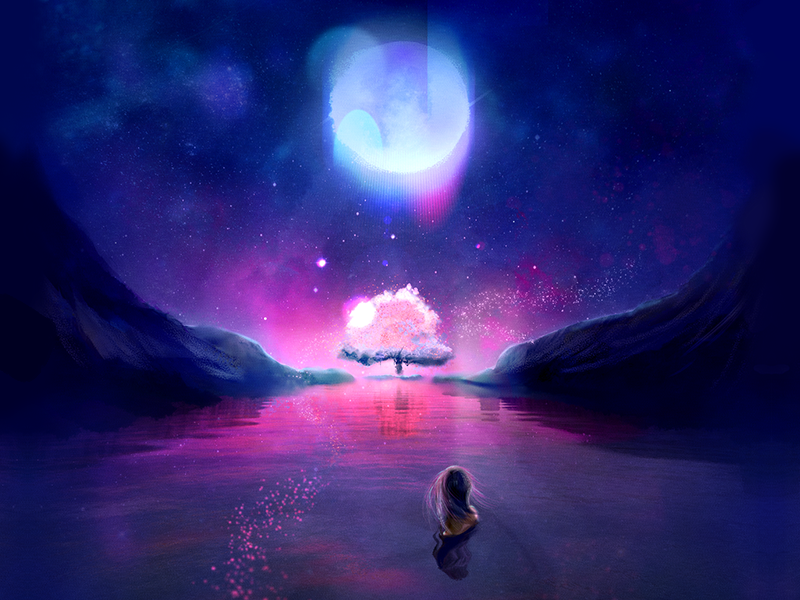☽ ☾ neon matte painting night cherry blossom moonlight moon digital painting