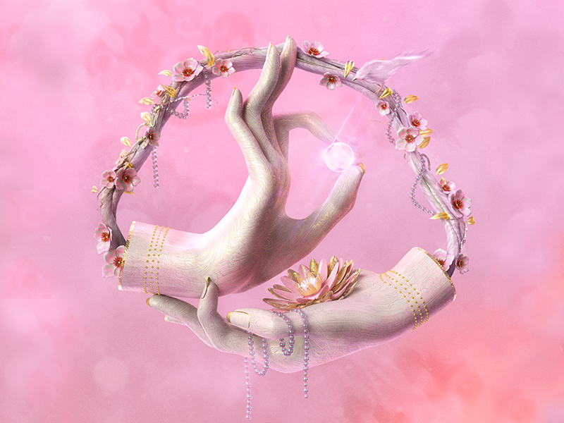 どうも日本 wood gold cherry blossoms pastel digital painting 3d maxon cinema 4d hands buddha