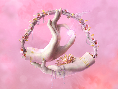 どうも日本 3d buddha cherry blossoms cinema 4d digital painting gold hands maxon pastel wood