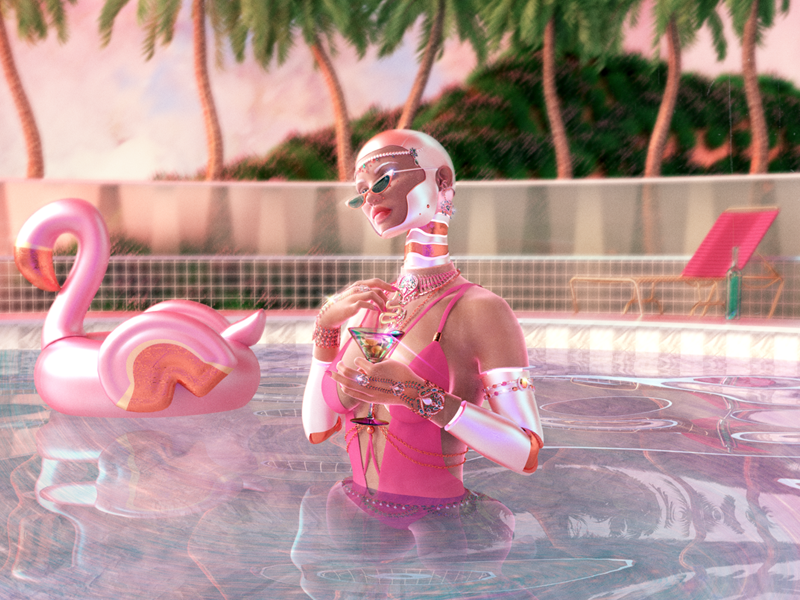 🍸 retrofuture pink summer flamingo cyborg android scifi futuristic digital cinema 4d 3d