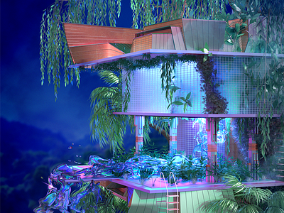 🌳 3d architecture art deco cinema 4d environment futuristic house retro scene treehouse tropical