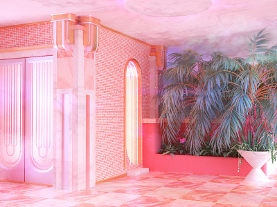 ✨ 3d architecture cinema 4d digital art interior design pastel pink retrofuture room surreal