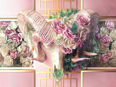 🌸 𝔰𝔞𝔠𝔯𝔢𝔡 k̷i̷l̷l̷ 🌸 3d c4d cgi cinema 4d flowers gold interior design octane pastel pink roses skull
