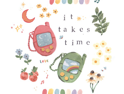 It takes time design illustration mixed media painting