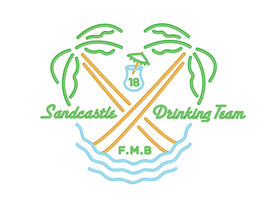 Sandcastle Drinking Team beach cocktail drinking grandpa logo neon palmtrees sandcastle tropical