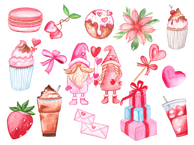 Watercolor Valentine food clipart Set artist branding cupcake design digital art graphic design illustration logo valentine clipart valentine design valentine drink valentine food valentine gnome valentines day vector watercolor watercolor artist watercolor clipart watercolor cupcake watercolor gnome