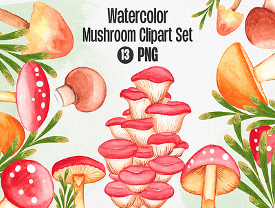 Watercolor Mushroom Clipart Set autum design digital art fall fall mushroom graphic design illustration logo mushroom mushroom vector watercolor artist wild