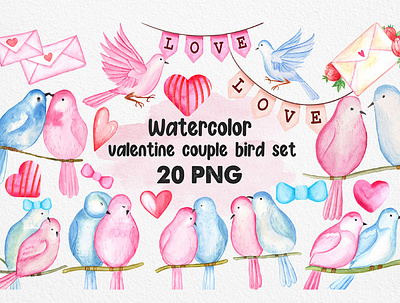 Watercolor Valentine Couple Bird Clipart Set couple cute bird design digital art graphic design illustration logo valentine valentine bird valentine clipart valentine illustration vector watercolor artist watercolor clipart watercolor couple bird