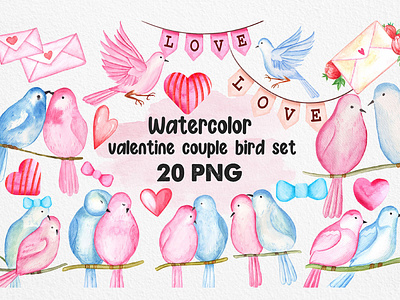 Watercolor Valentine Couple Bird Clipart Set