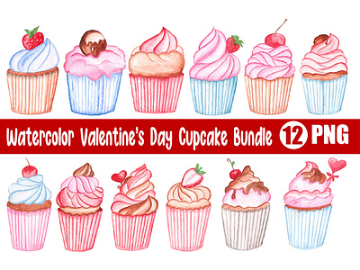 Watercolor Valentine Cupcake Clipart Set