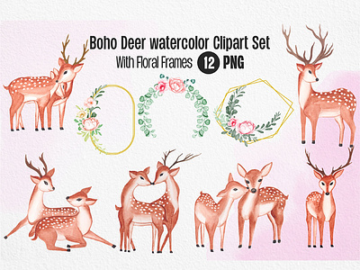 Watercolor Boho Deer Clipart Set with floral frames