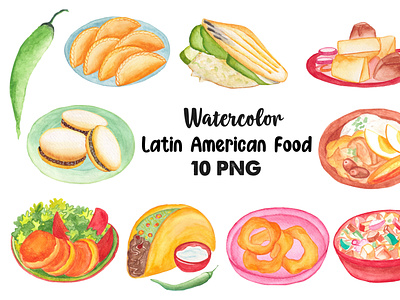 Watercolor Mexican, Latin American Food Clipart Set chilli design digital art food food clipart food illustration food vector graphic design hot illustration latin american food logo mexican food nacos tacos vector watercolor artist watercolor clipart watercolor food